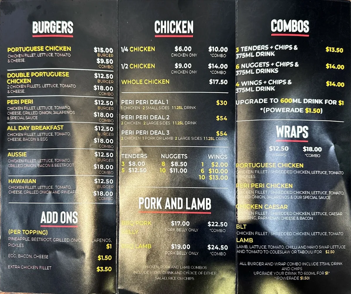 Menu, Peri Peri Chicken Sydney Olympic Park