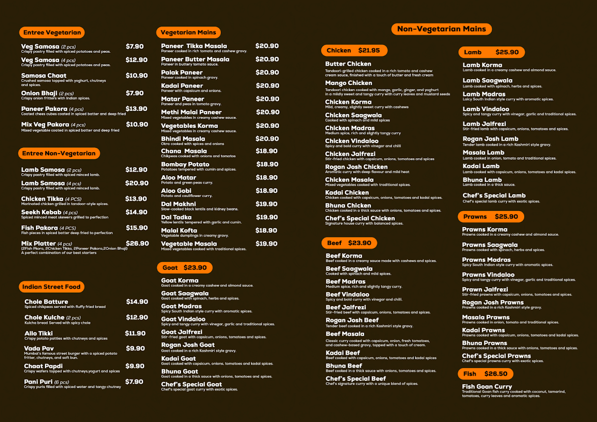 Menu, Curry Culture (Indian Fusion Restaurant)