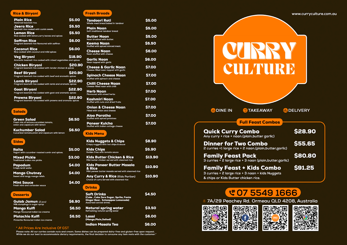 Menu, Curry Culture (Indian Fusion Restaurant)