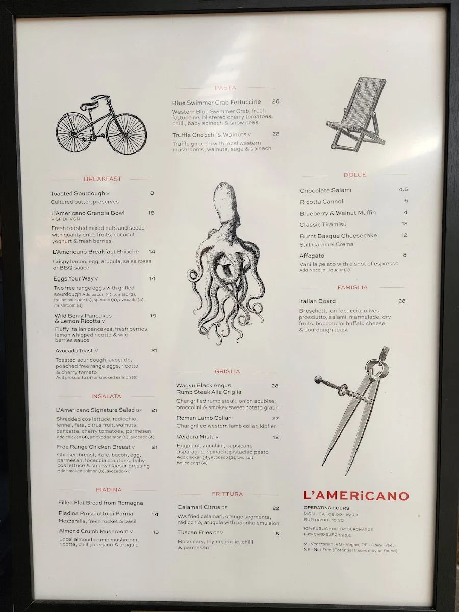 Menu, L'Americano Espresso Bar