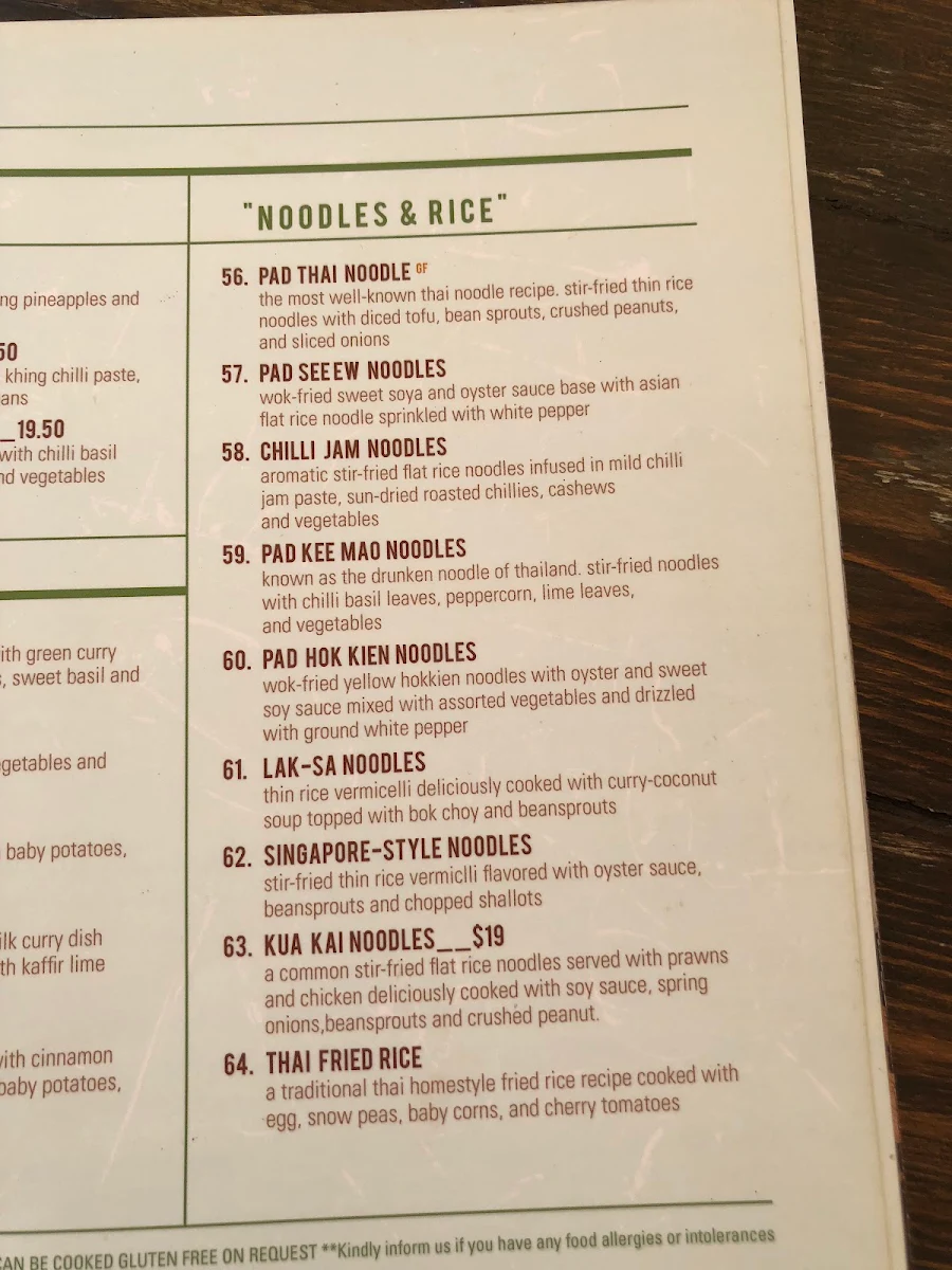 Menu, Rice and Lake Thai Restaurant