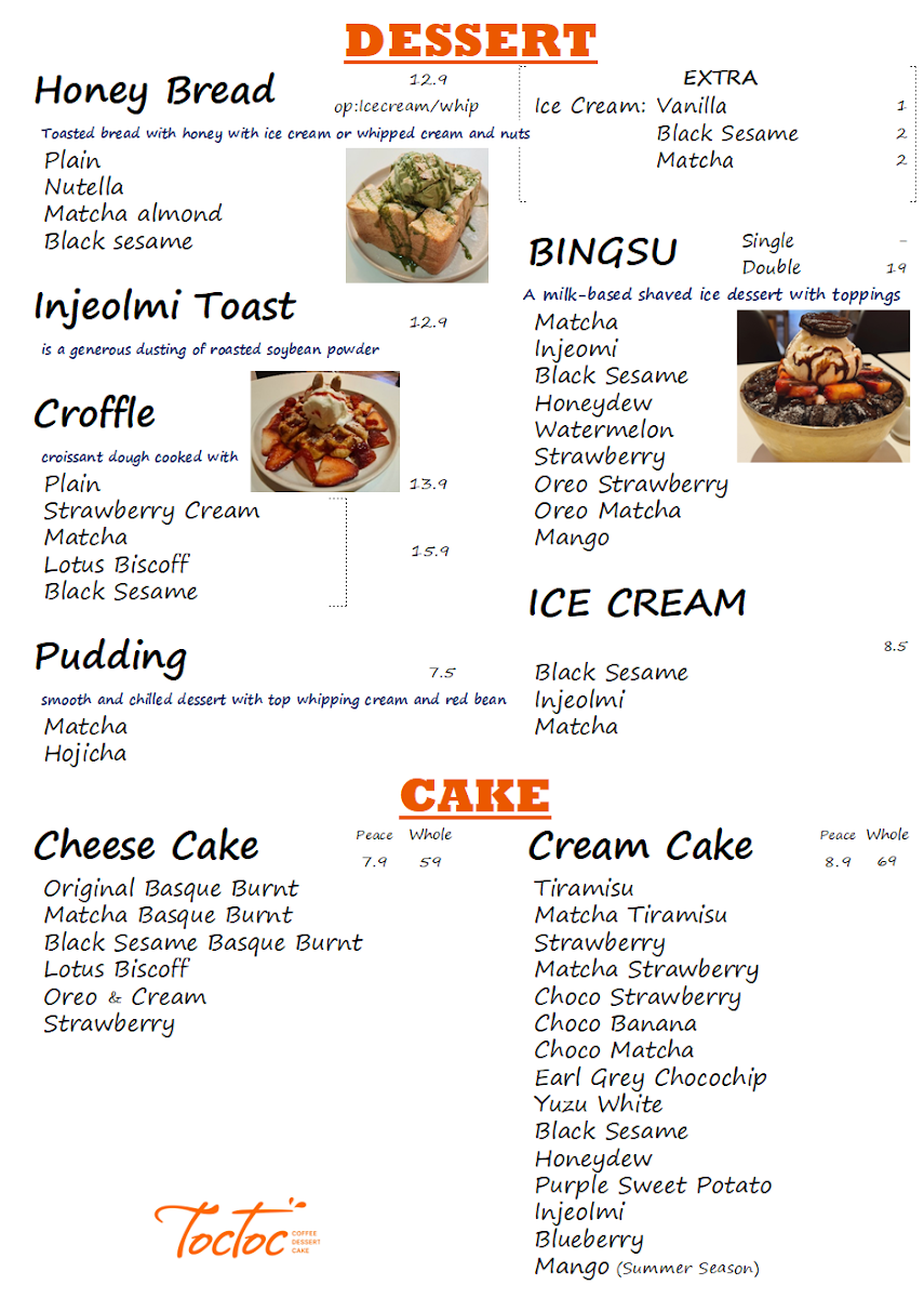 Menu, TOCTOC CAFE