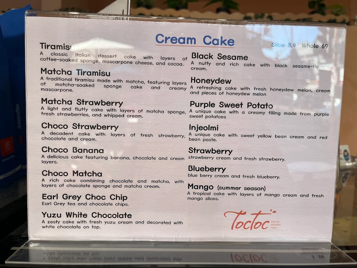 Menu, TOCTOC CAFE