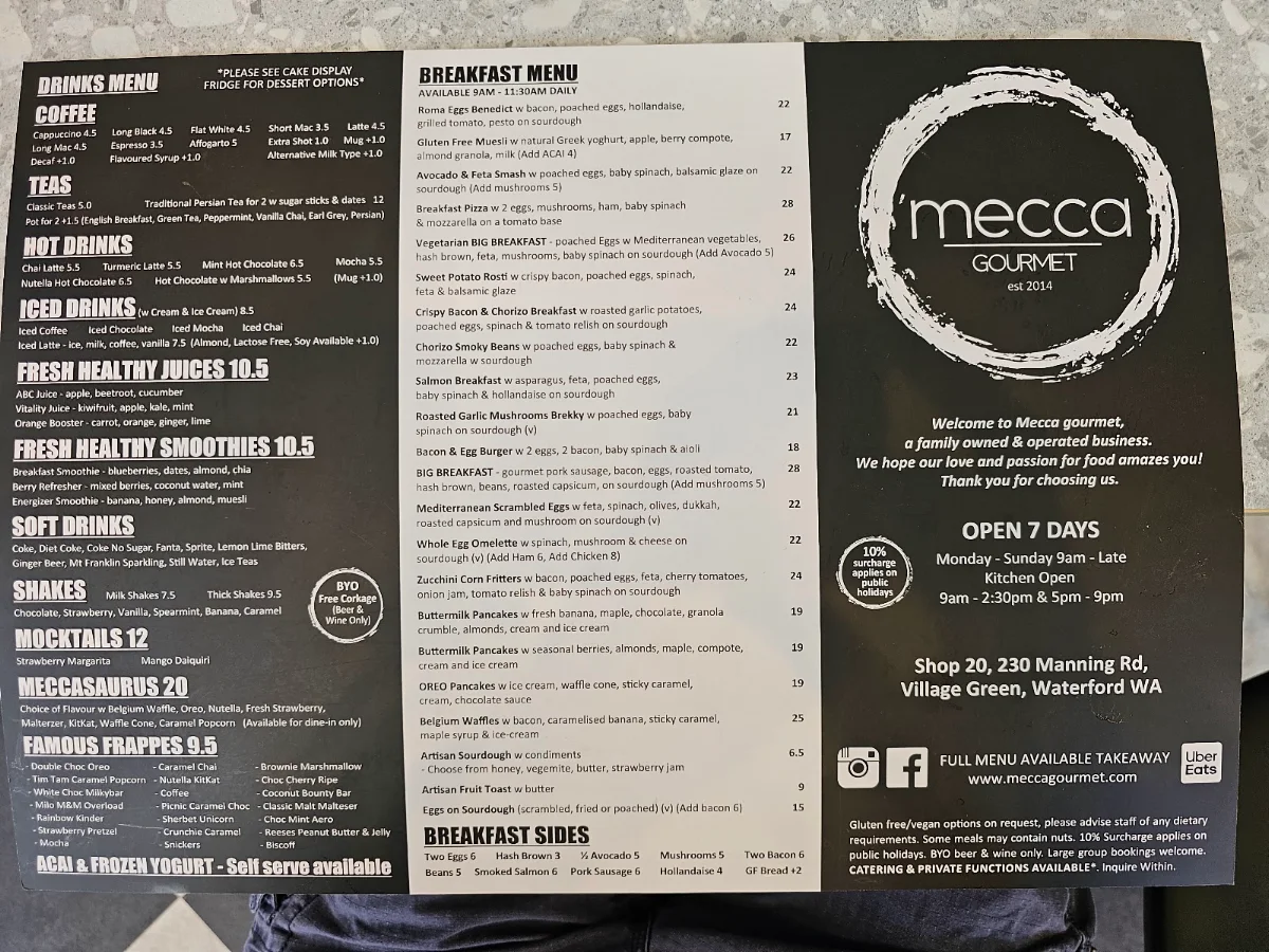 Menu, Mecca Gourmet
