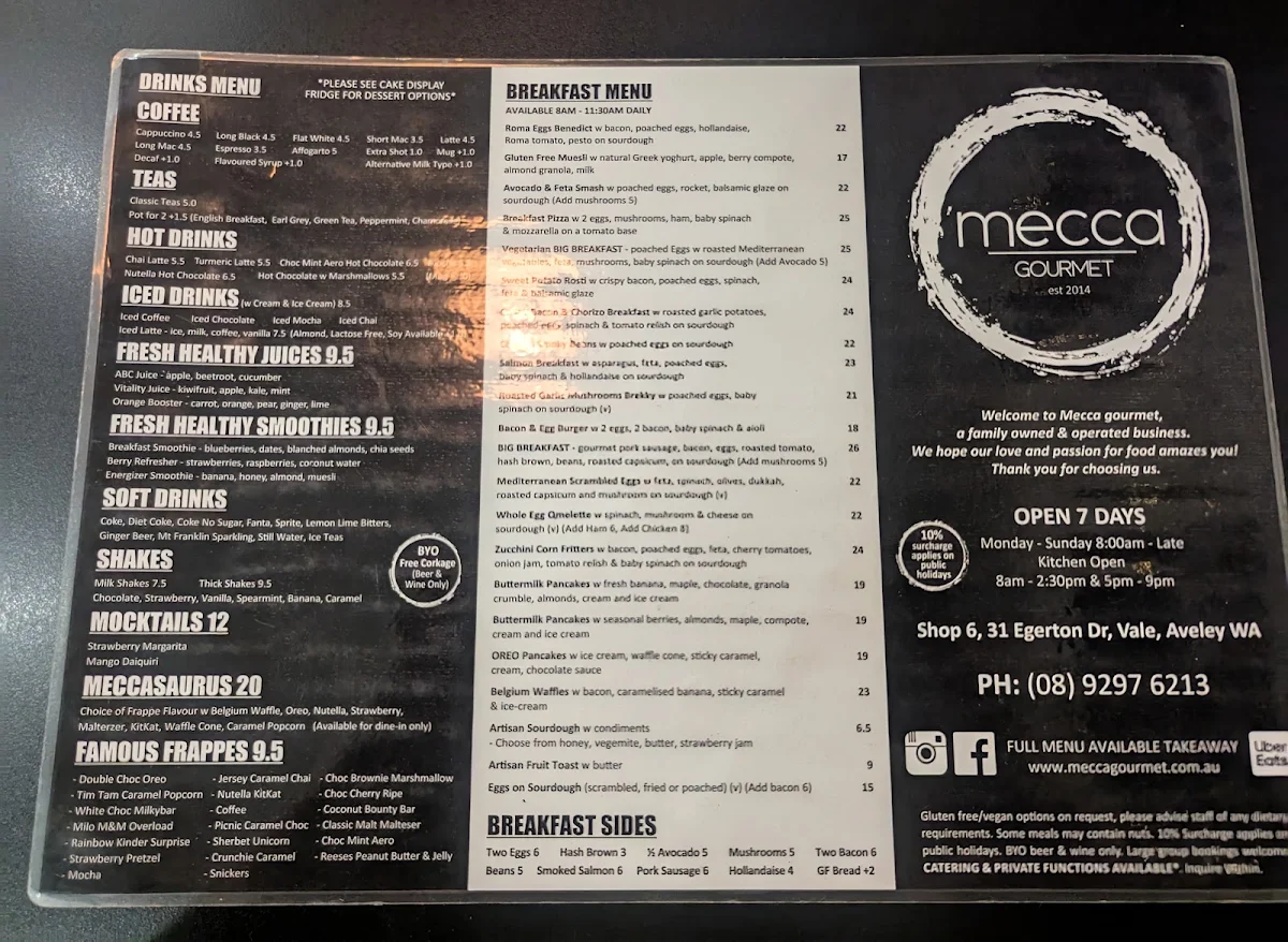 Menu, Mecca Gourmet