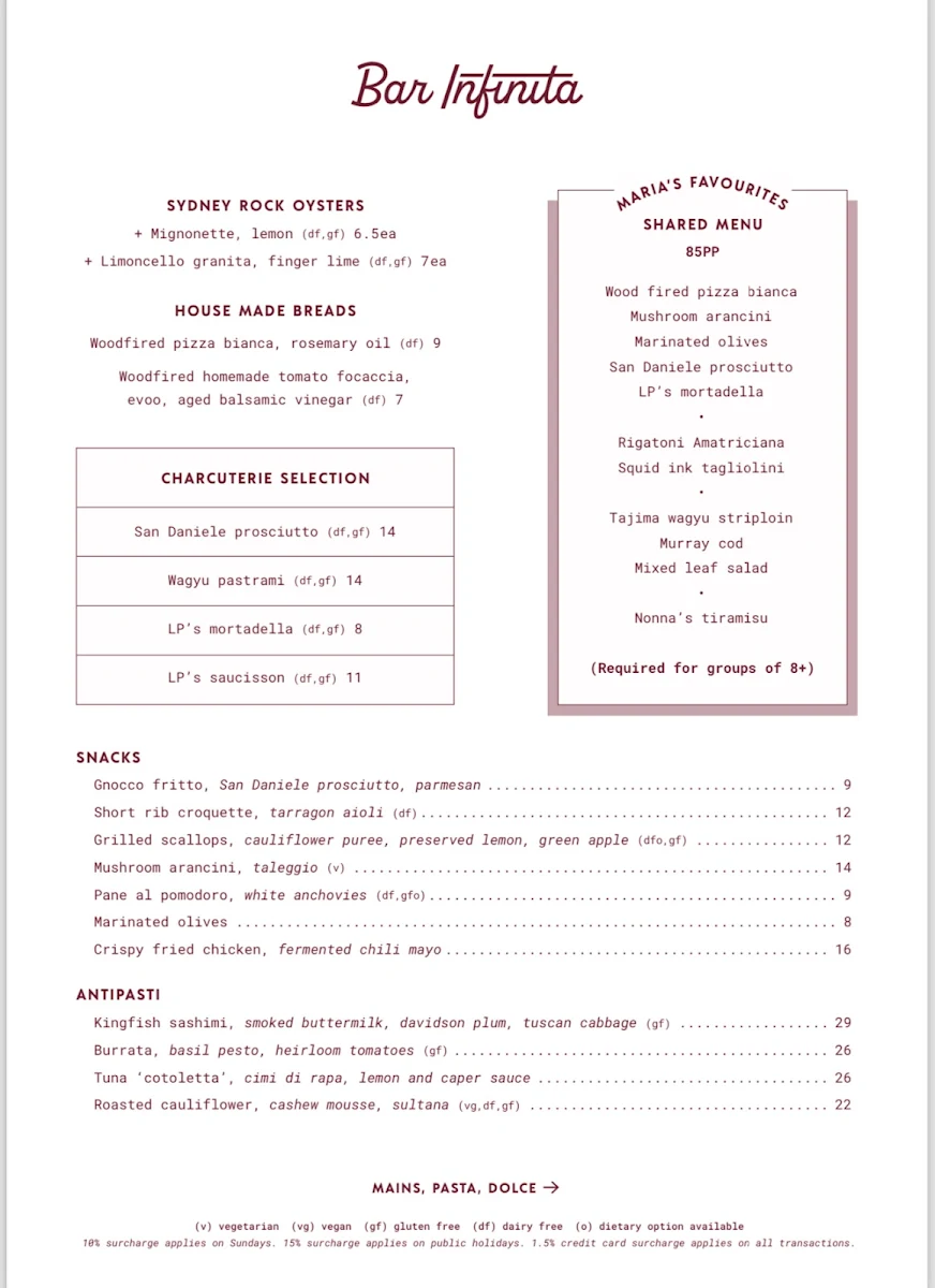 Menu, Bar Infinita