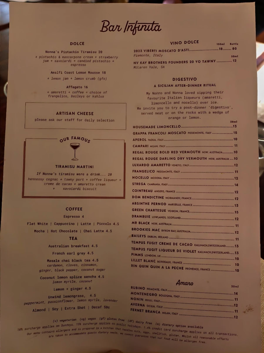 Menu, Bar Infinita