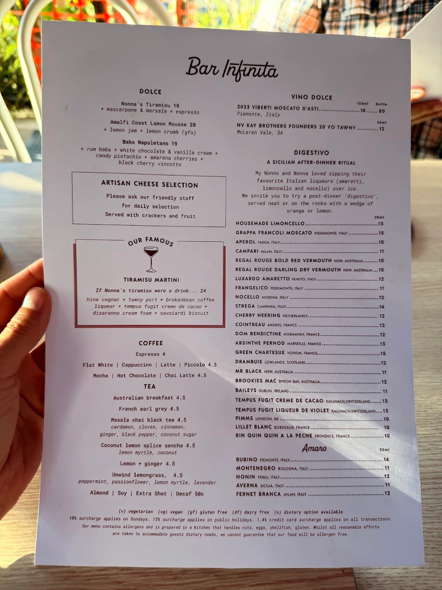 Menu, Bar Infinita
