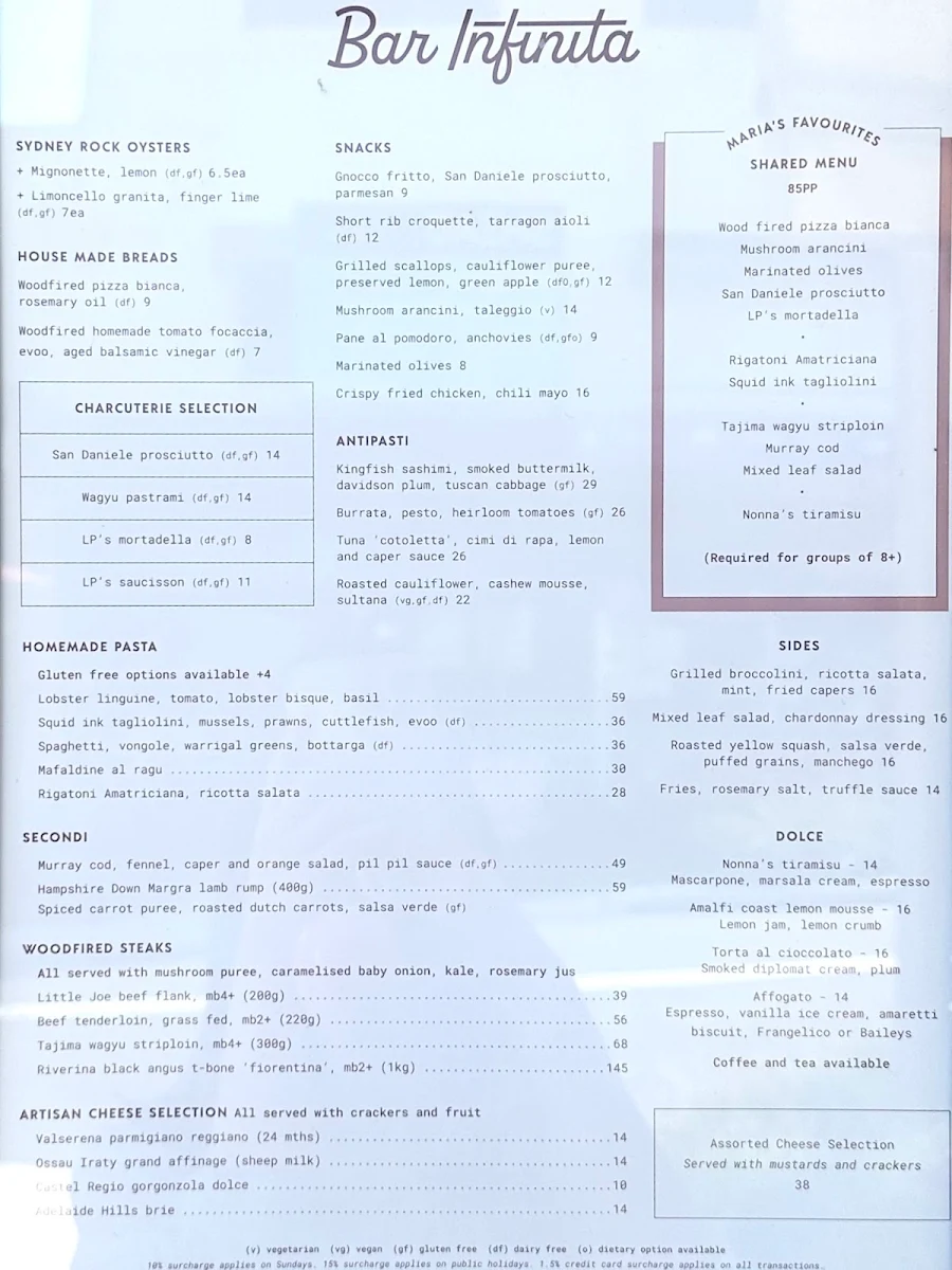 Menu, Bar Infinita