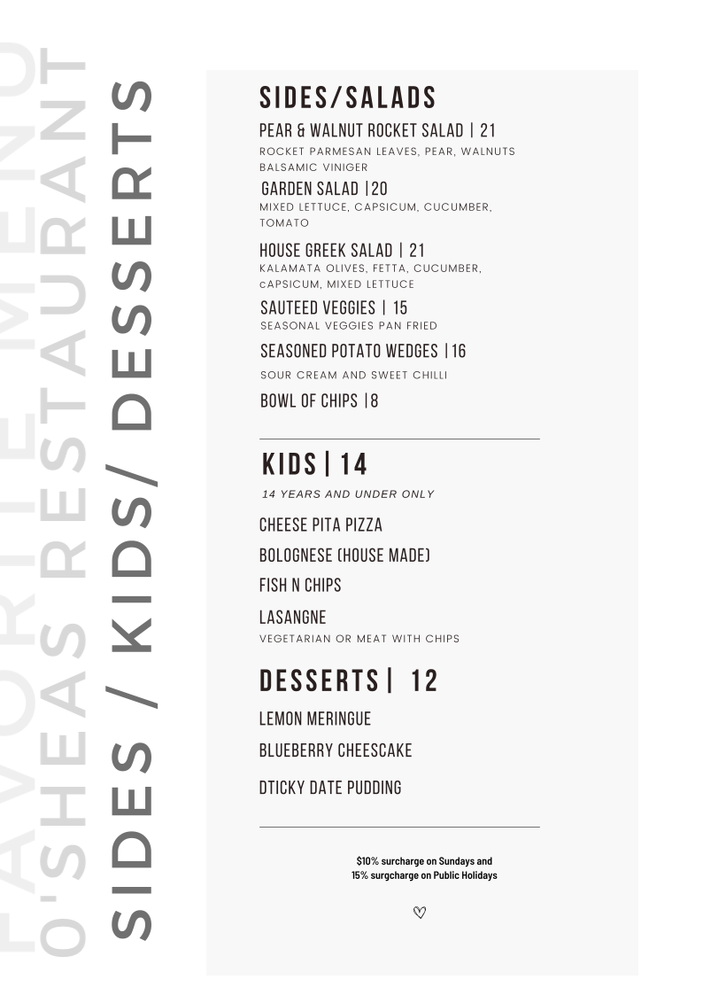 Menu, O'Sheas Restaurant