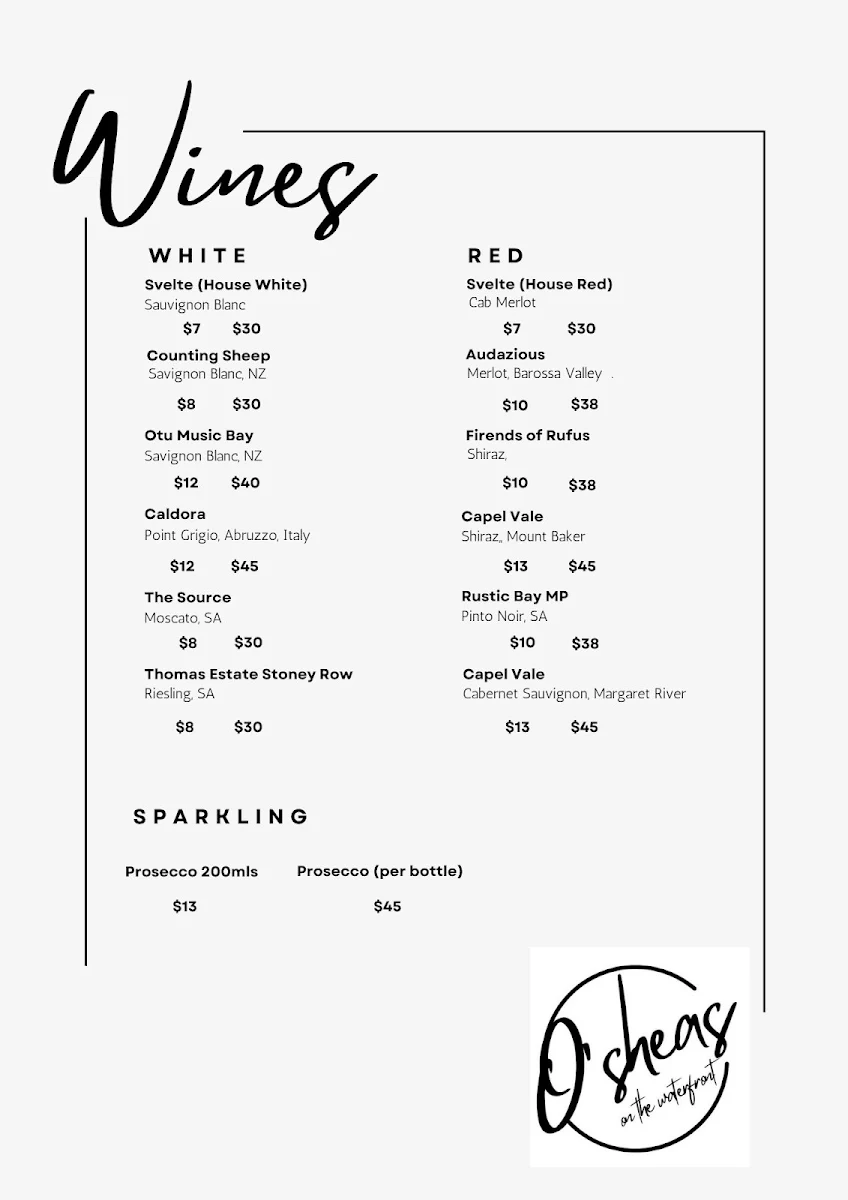 Menu, O'Sheas Restaurant