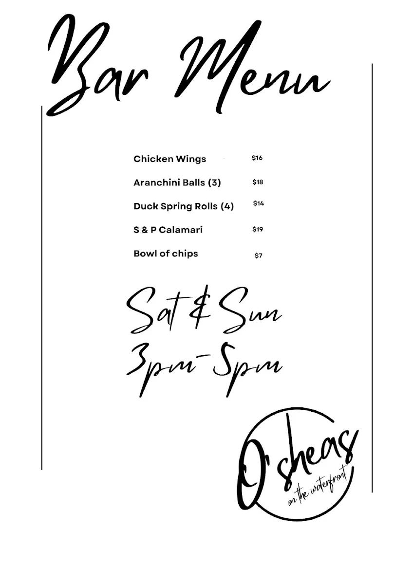 Menu, O'Sheas Restaurant