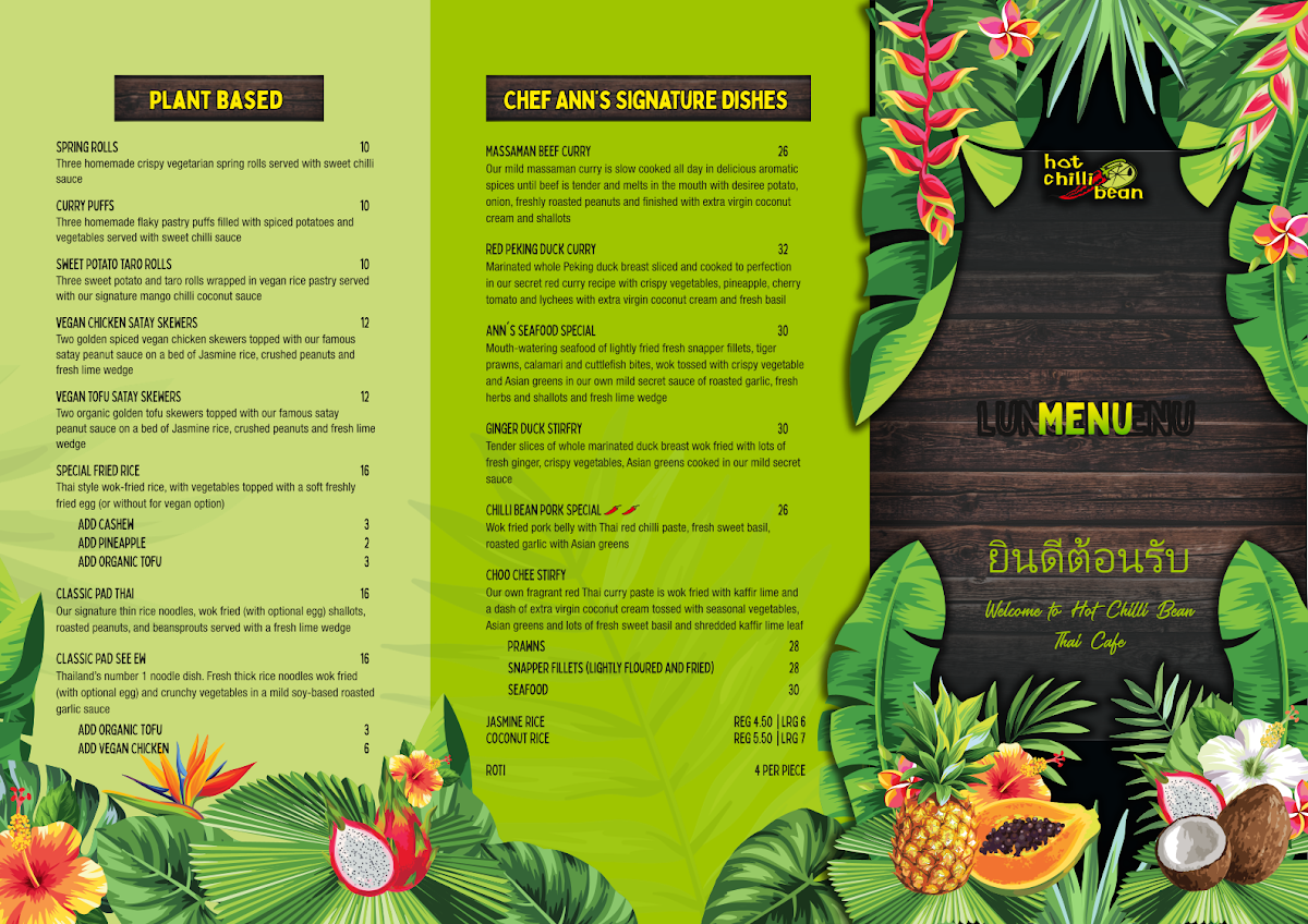 Menu, Hot Chilli Bean Thai Cafe