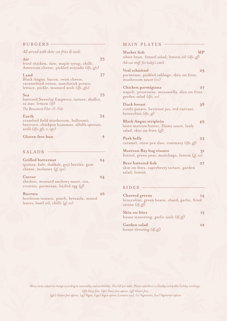 Menu, The Beaumont Brisbane