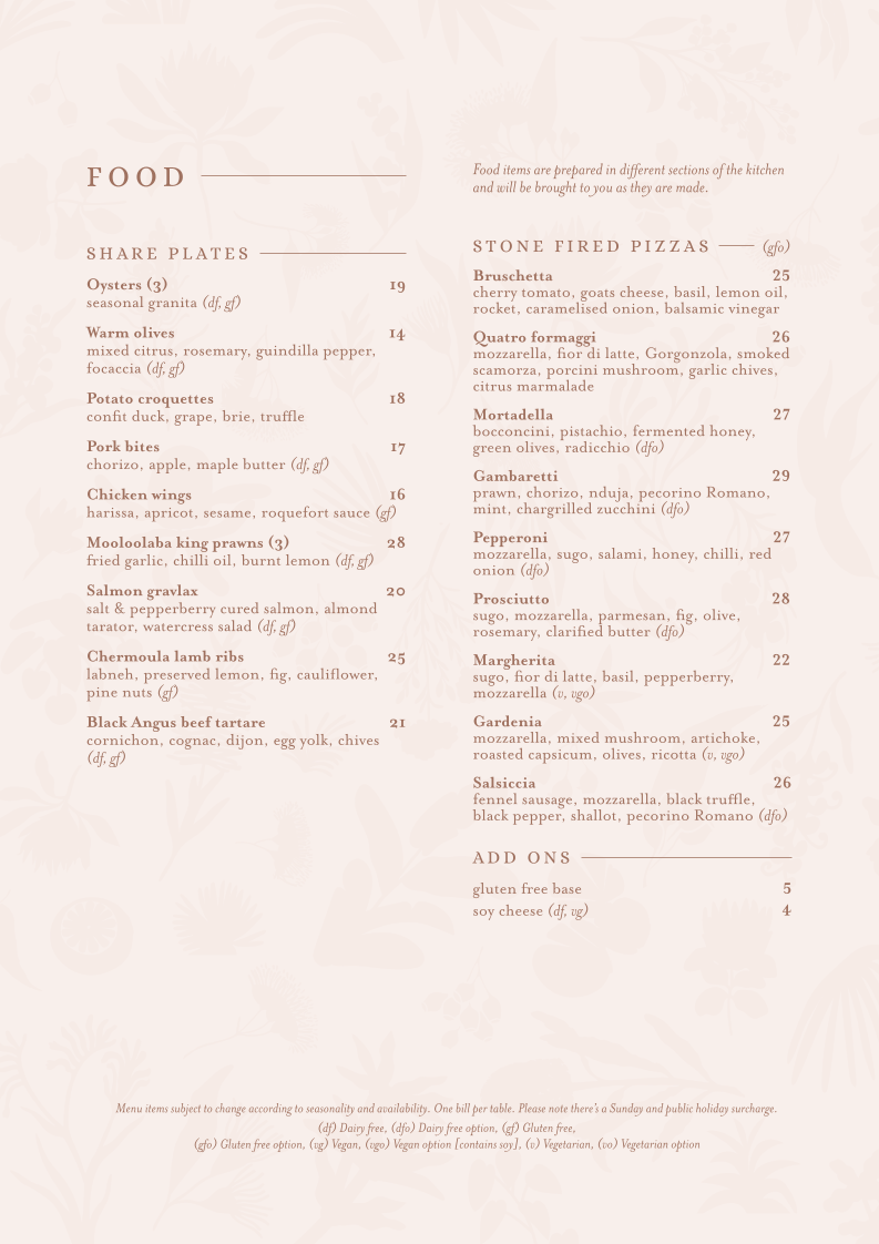 Menu, The Beaumont Brisbane