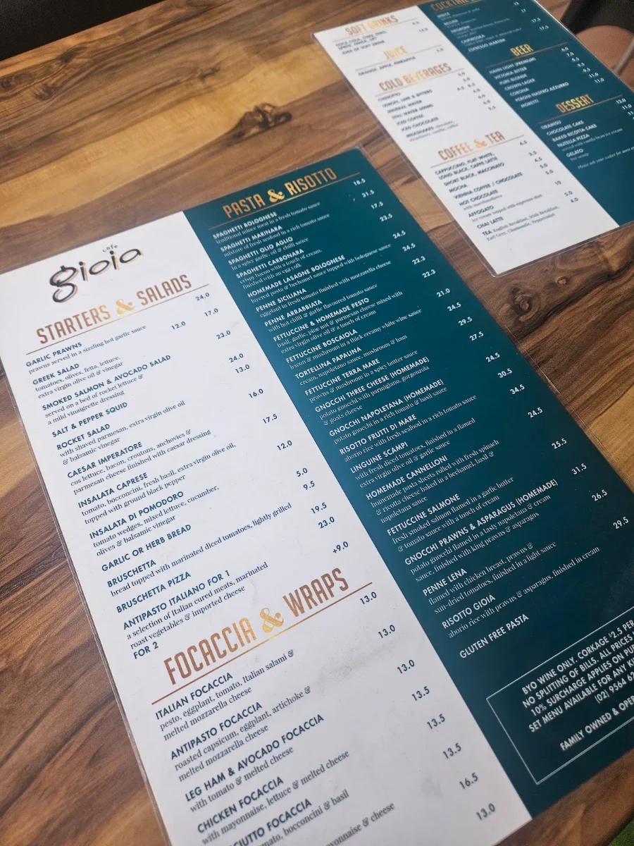 Menu, Cafe Gioia Leichhardt
