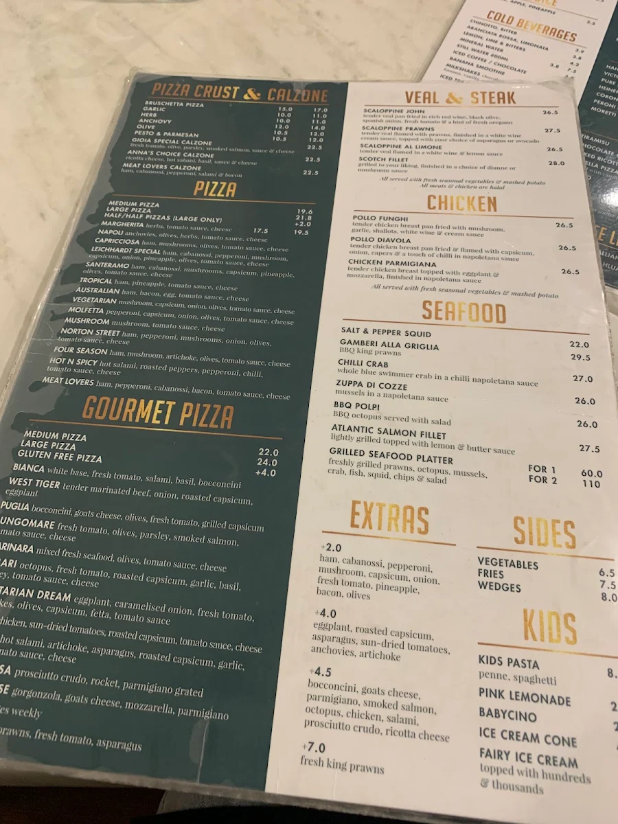 Menu, Cafe Gioia Leichhardt