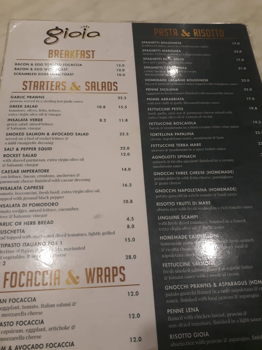 Menu, Cafe Gioia Leichhardt