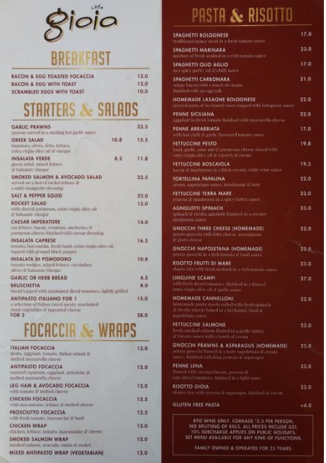 Menu, Cafe Gioia Leichhardt