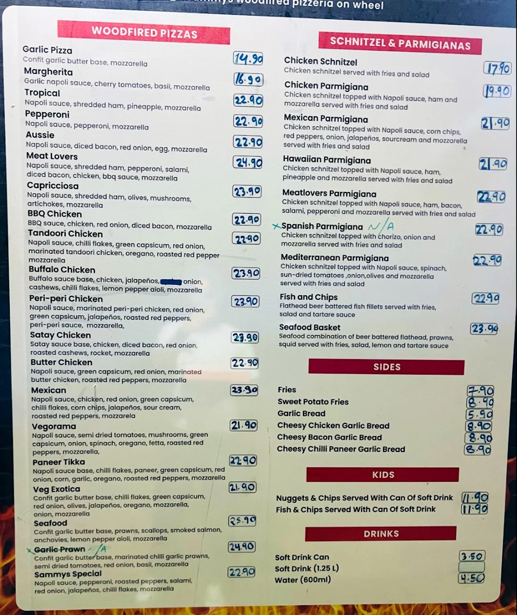 Menu, Sammys woodfired pizzeria on wheels