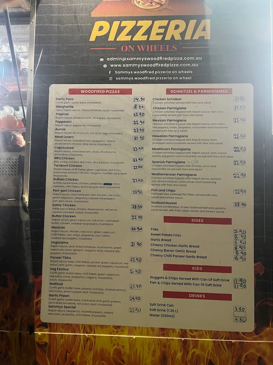 Menu, Sammys woodfired pizzeria on wheels