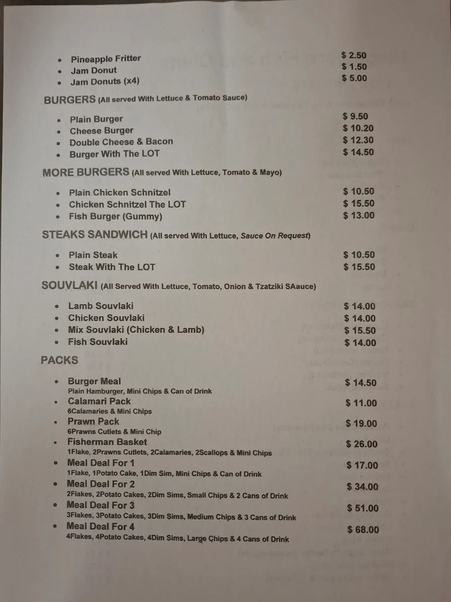 Menu, Kingsclere Fish and Chips