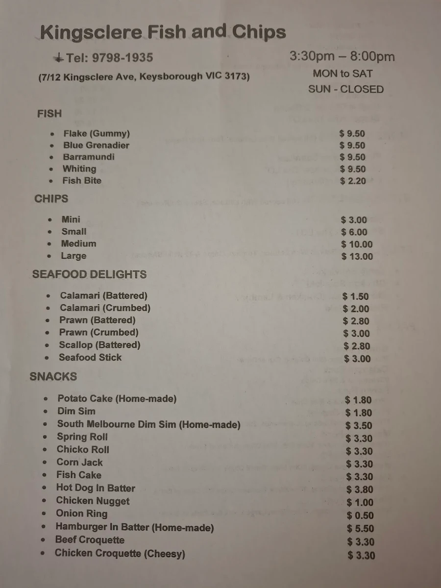 Menu, Kingsclere Fish and Chips