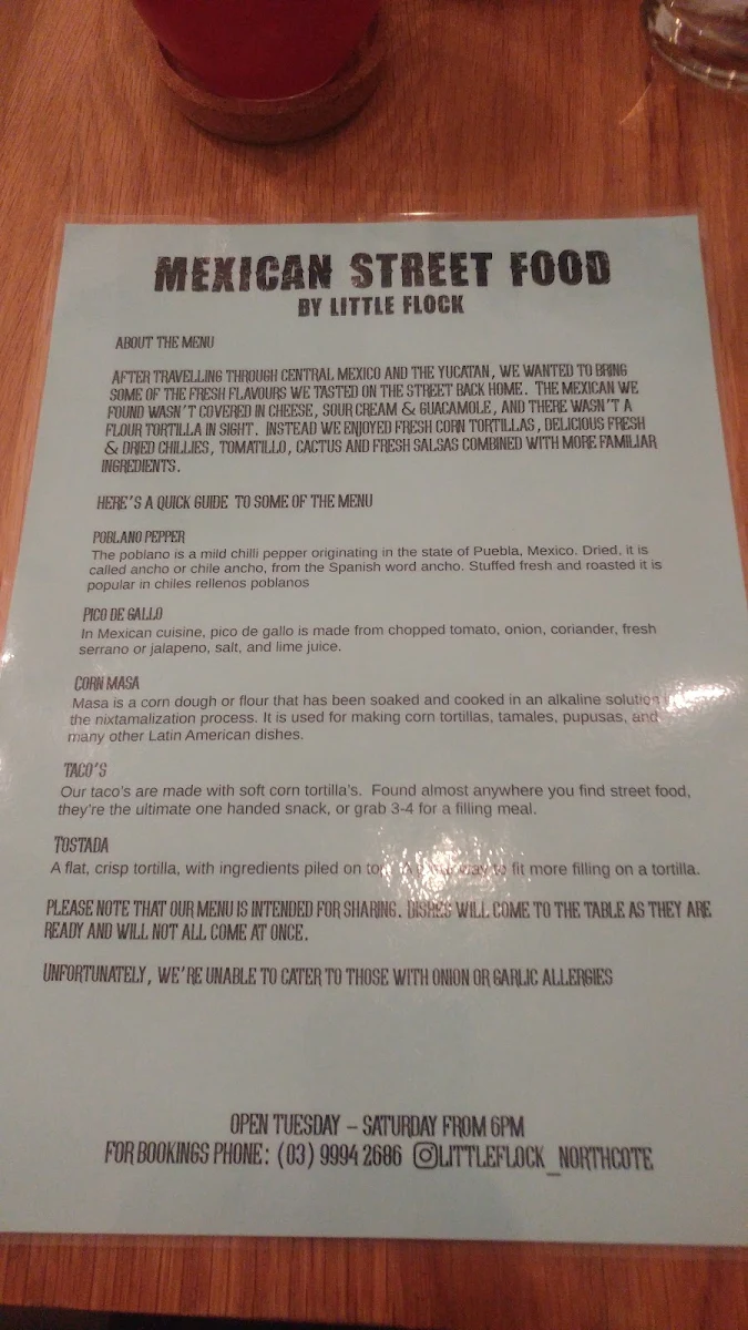 Menu, Mexican Street Food by Little Flock