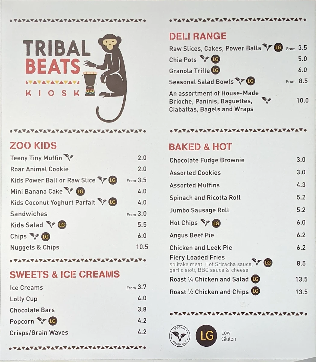 Menu, Tribal Beats Kiosk