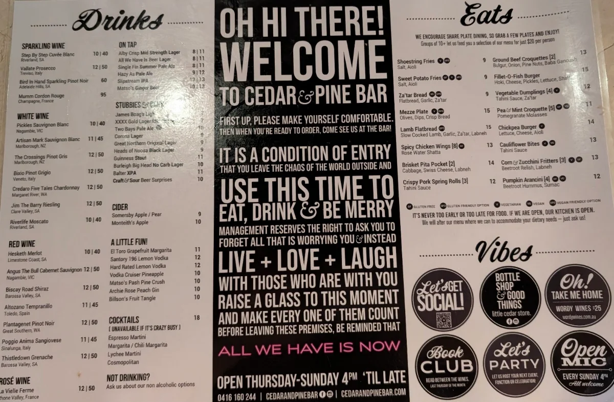 Menu, Cedar & Pine Bar