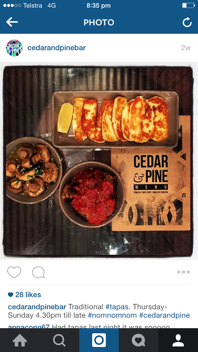 Menu, Cedar & Pine Bar