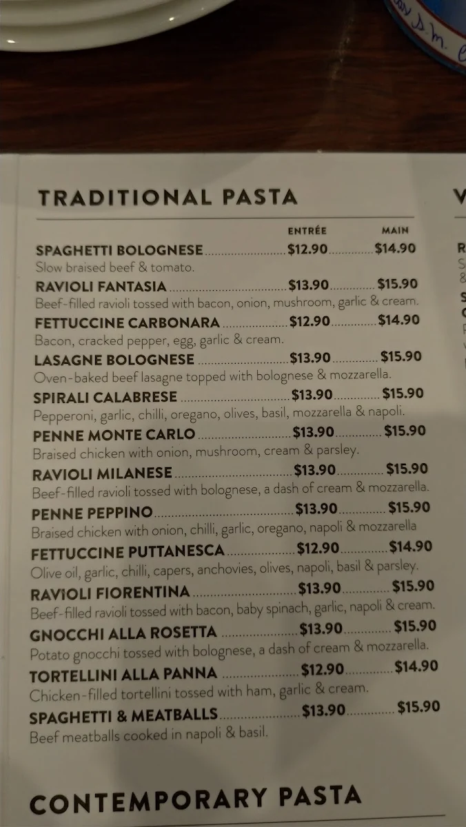 Menu, Fasta Pasta Port Adelaide