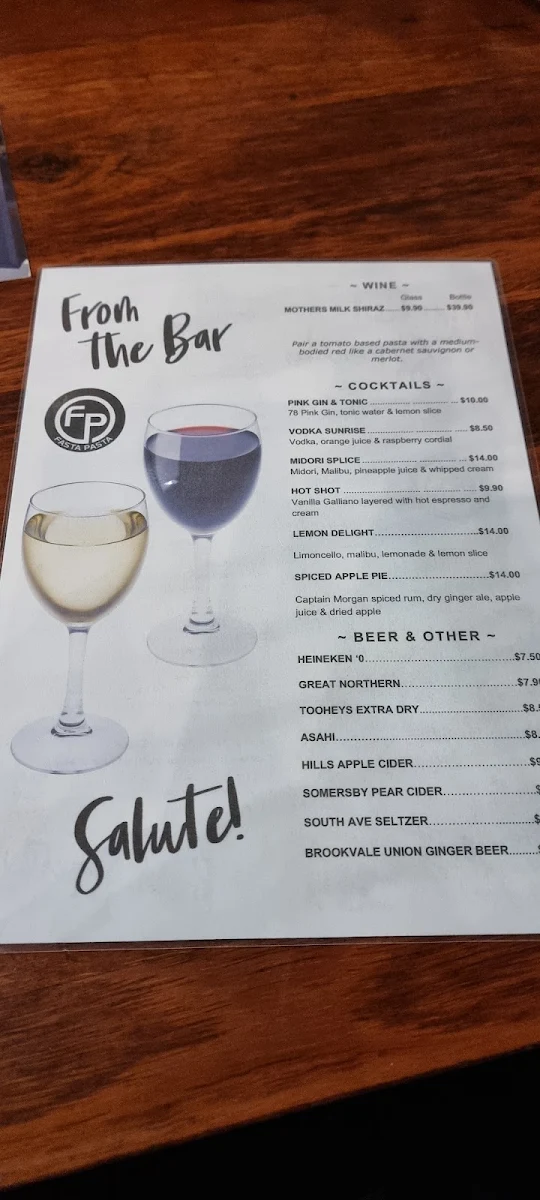 Menu, Fasta Pasta Port Adelaide