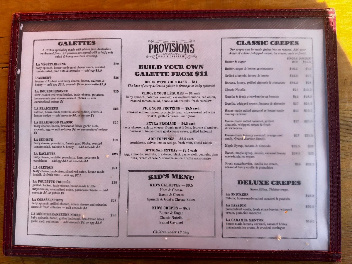 Menu, Provisions Deli & Creperie