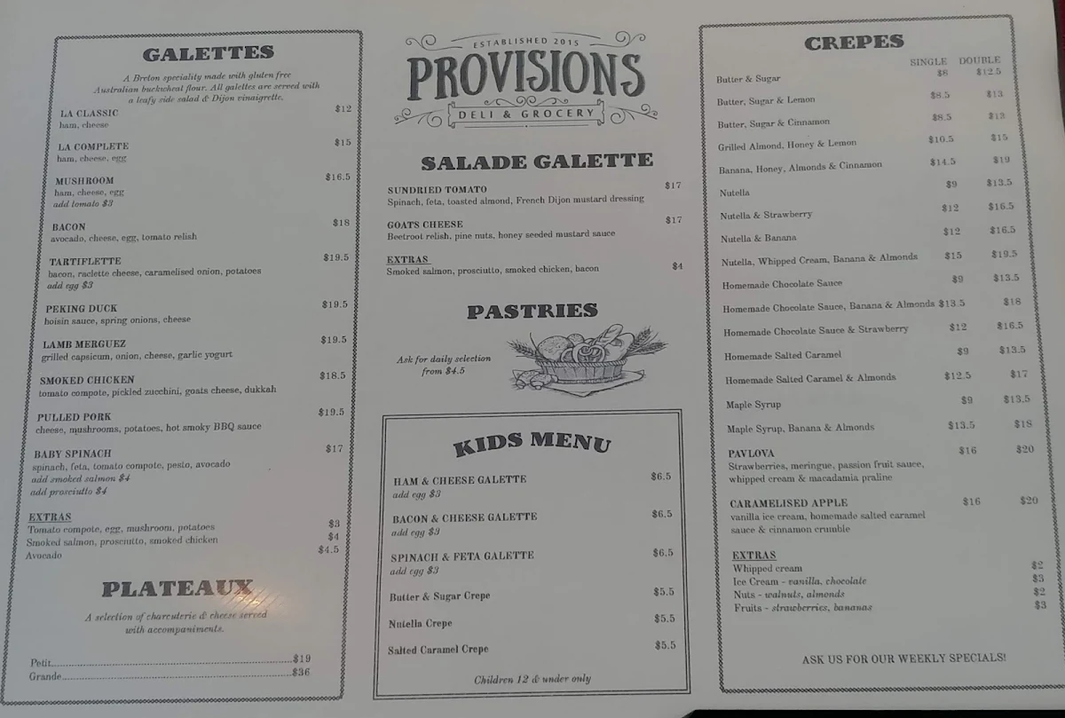 Menu, Provisions Deli & Creperie