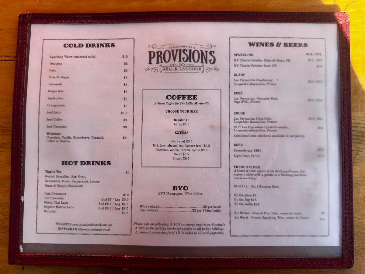 Menu, Provisions Deli & Creperie