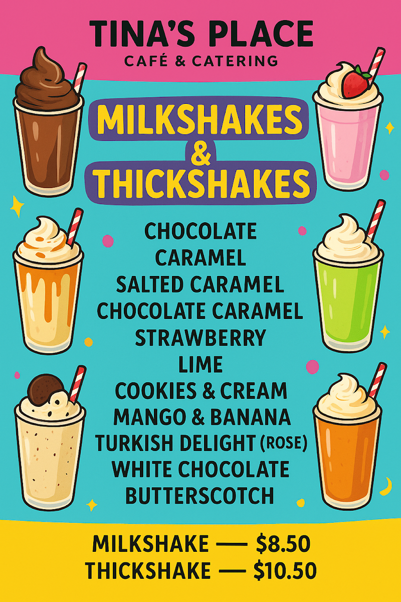Menu, Tina’s Place Cafe & Catering.💕
