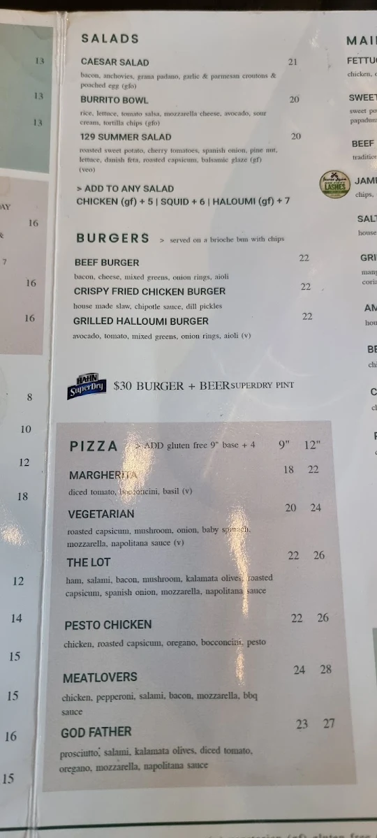 Menu, Café One Two Nine