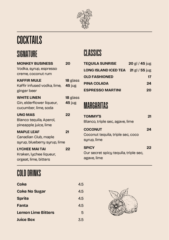 Menu, Azacca Kitchen