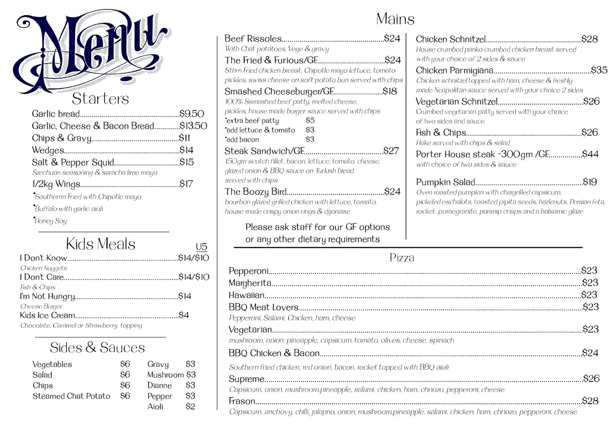Menu, Captains Flat Hotel