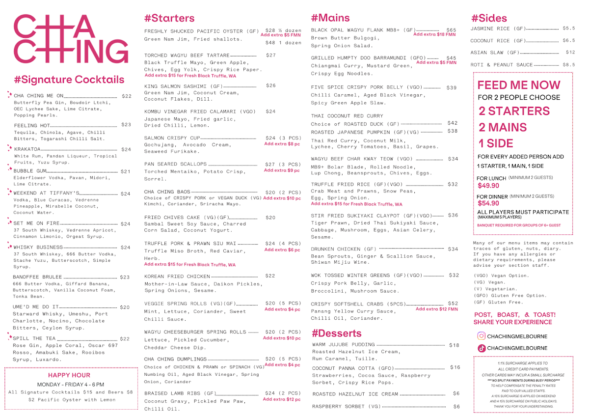 Menu, Cha Ching