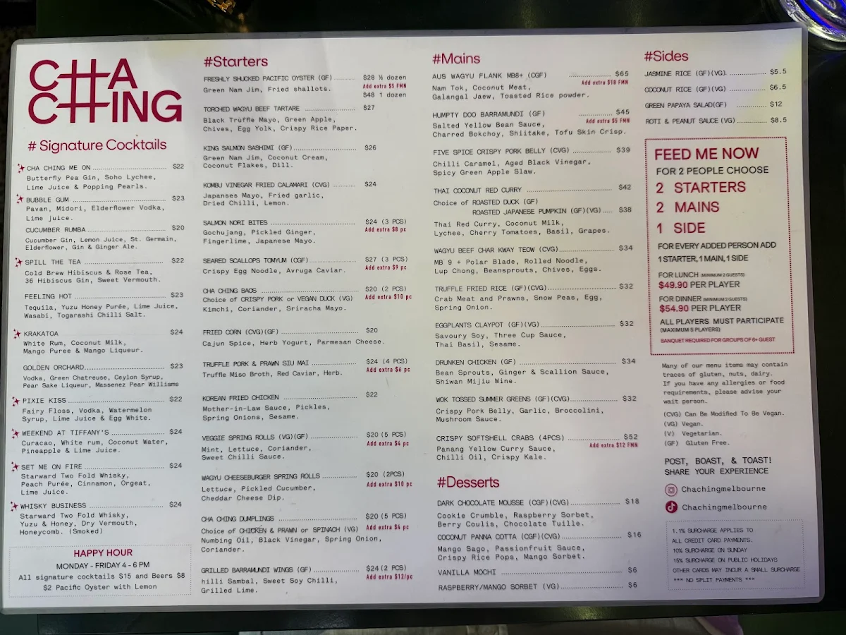 Menu, Cha Ching