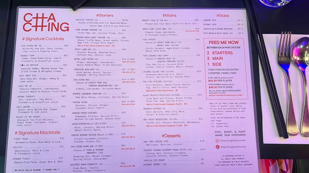 Menu, Cha Ching