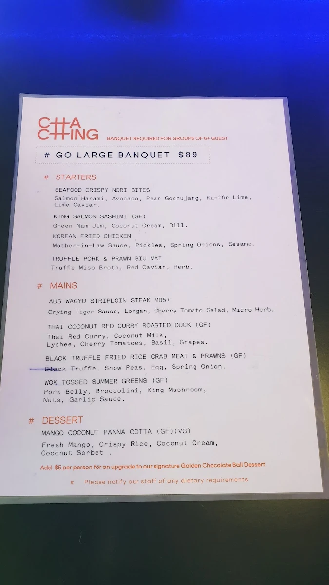 Menu, Cha Ching