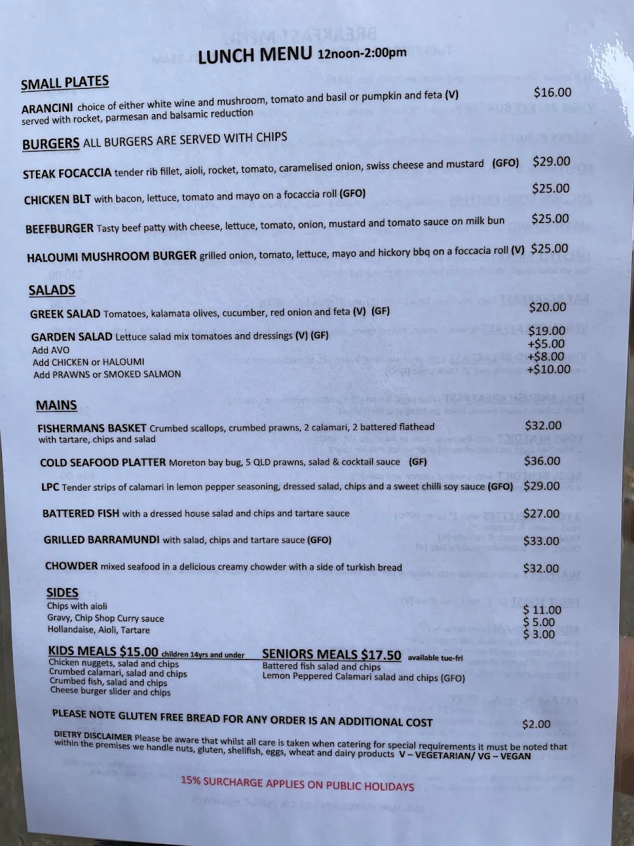 Menu, Oxley’s On The Bay