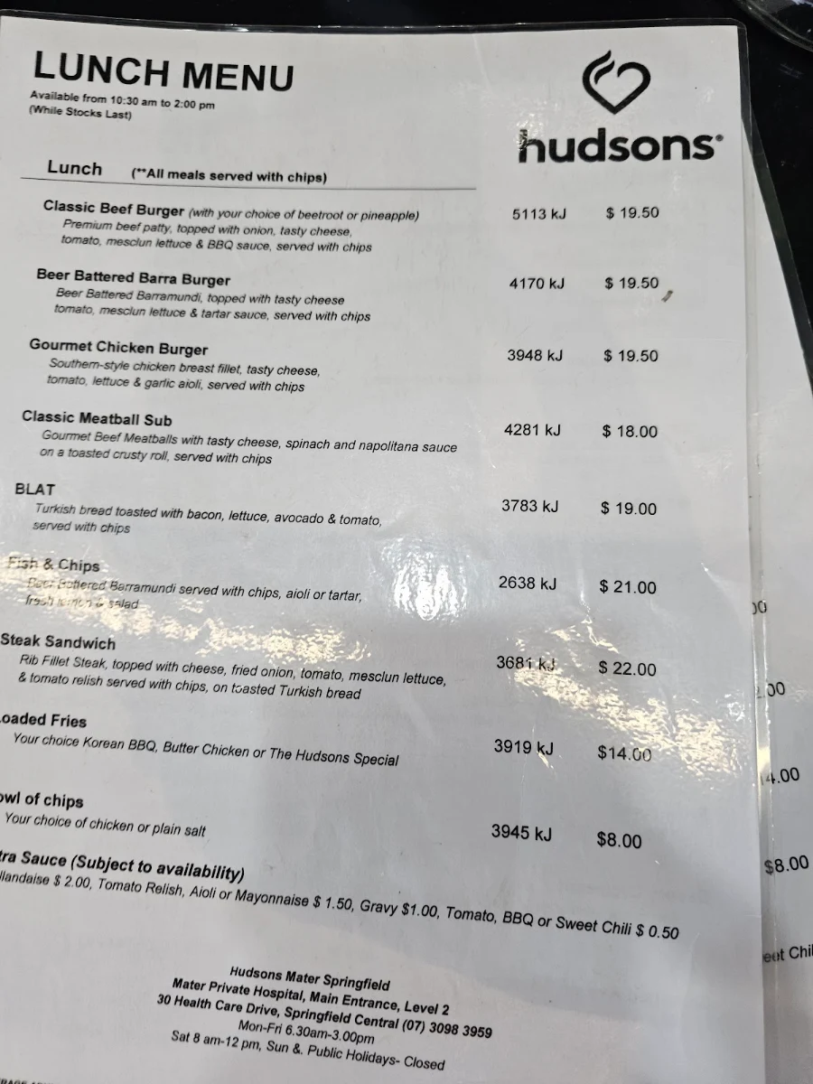 Menu, Hudsons Coffee