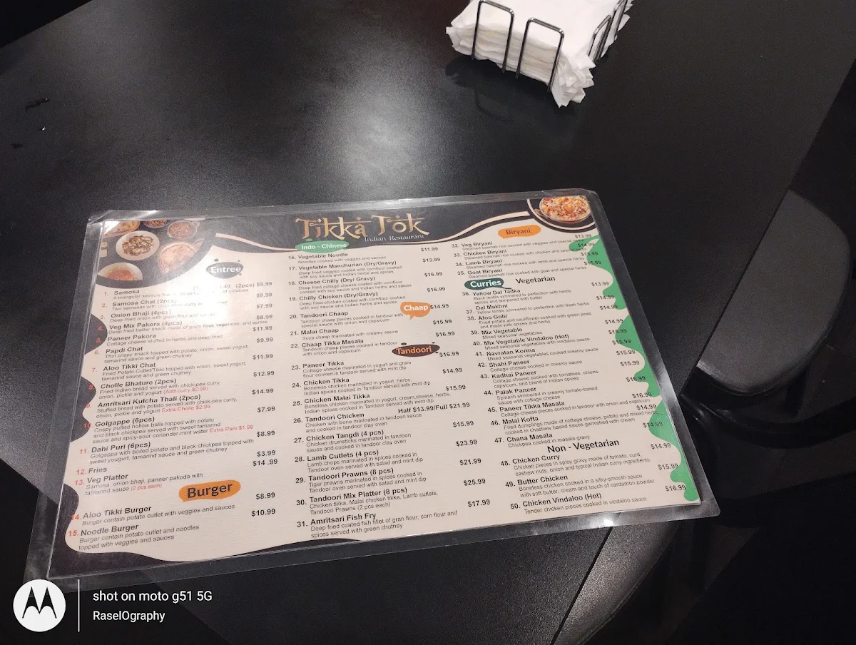 Menu, Tikka Tok Indian Restaurant
