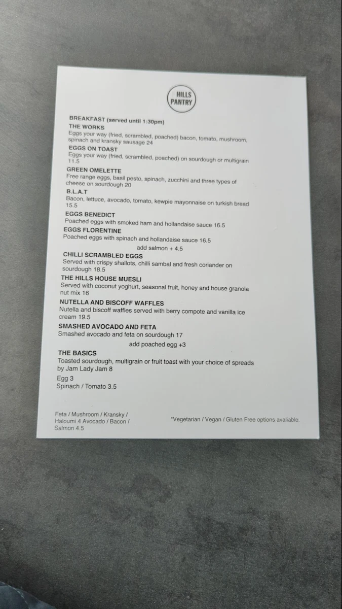 Menu, The Hills Pantry