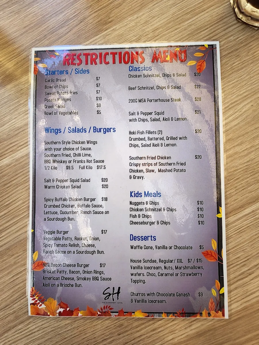 Menu, The Somerset Hotel