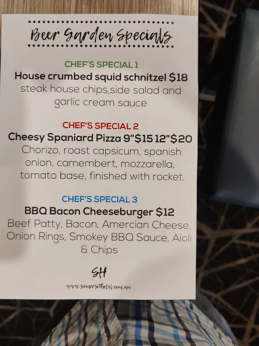 Menu, The Somerset Hotel